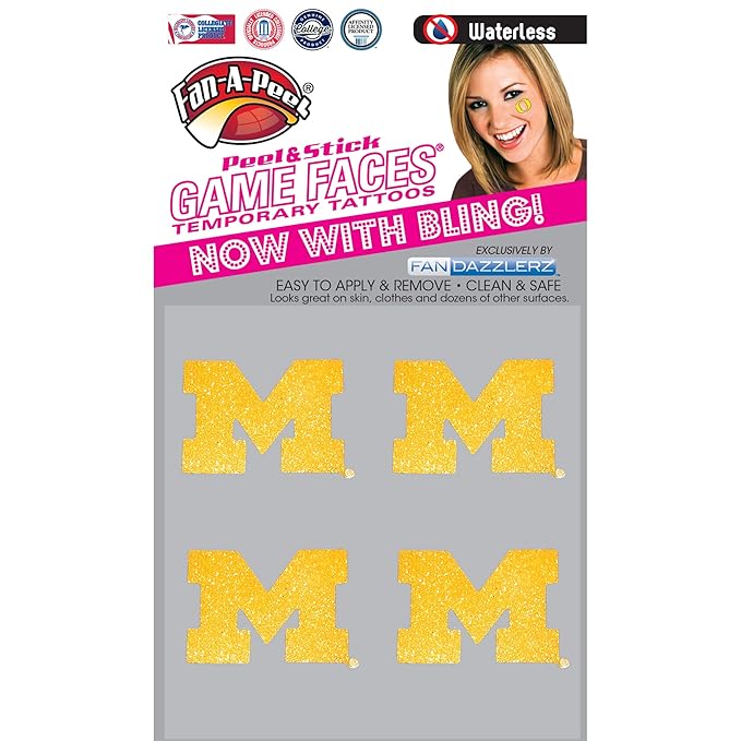 Fan-A-Peel Michigan Waterless Temporary Tattoos - Hypoallergenic Peel and Stick Waterproof Temporary Tattoos, Glitter - Officially Licensed