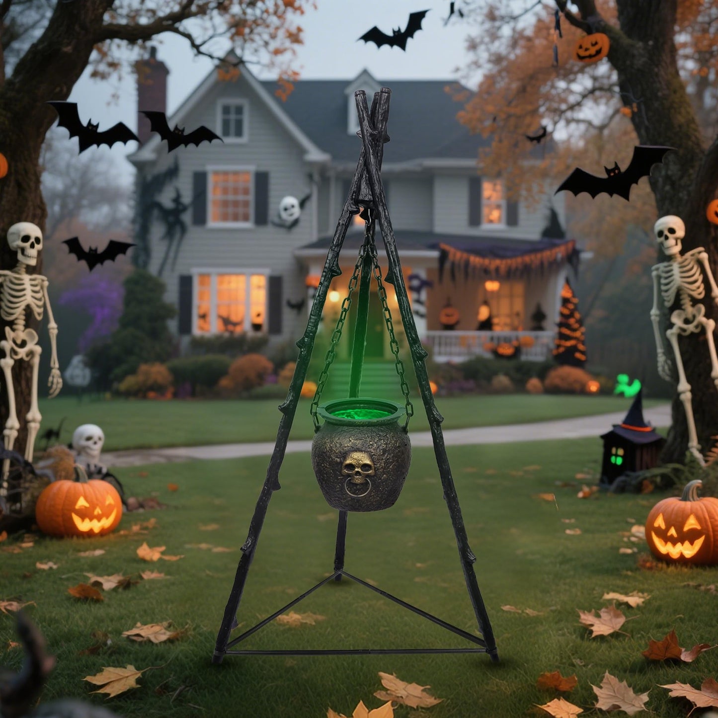 DR.DUDU Halloween Decorations Outdoor - 4.6FT Large Witches Cauldron with Tripod & Green LED Lights, Hocus Pocus Scary Outside Decor for Yard, Porch, Party, Haunted House Props & Candy Bowl