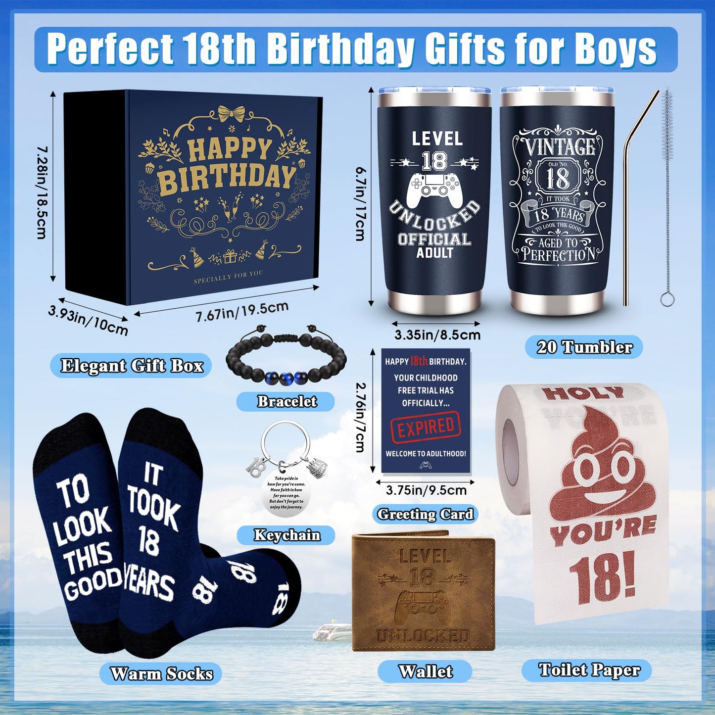 8 Pcs Happy 18th Birthday Gifts for Boys, 18 Year Old Boy Birthday Gifts Ideas with 20 Oz Tumbler, Funny Socks, Toilet Paper, Bracelet, Teen Boys Wallet, Keychain for Son, Nephew, Grandson, Brother