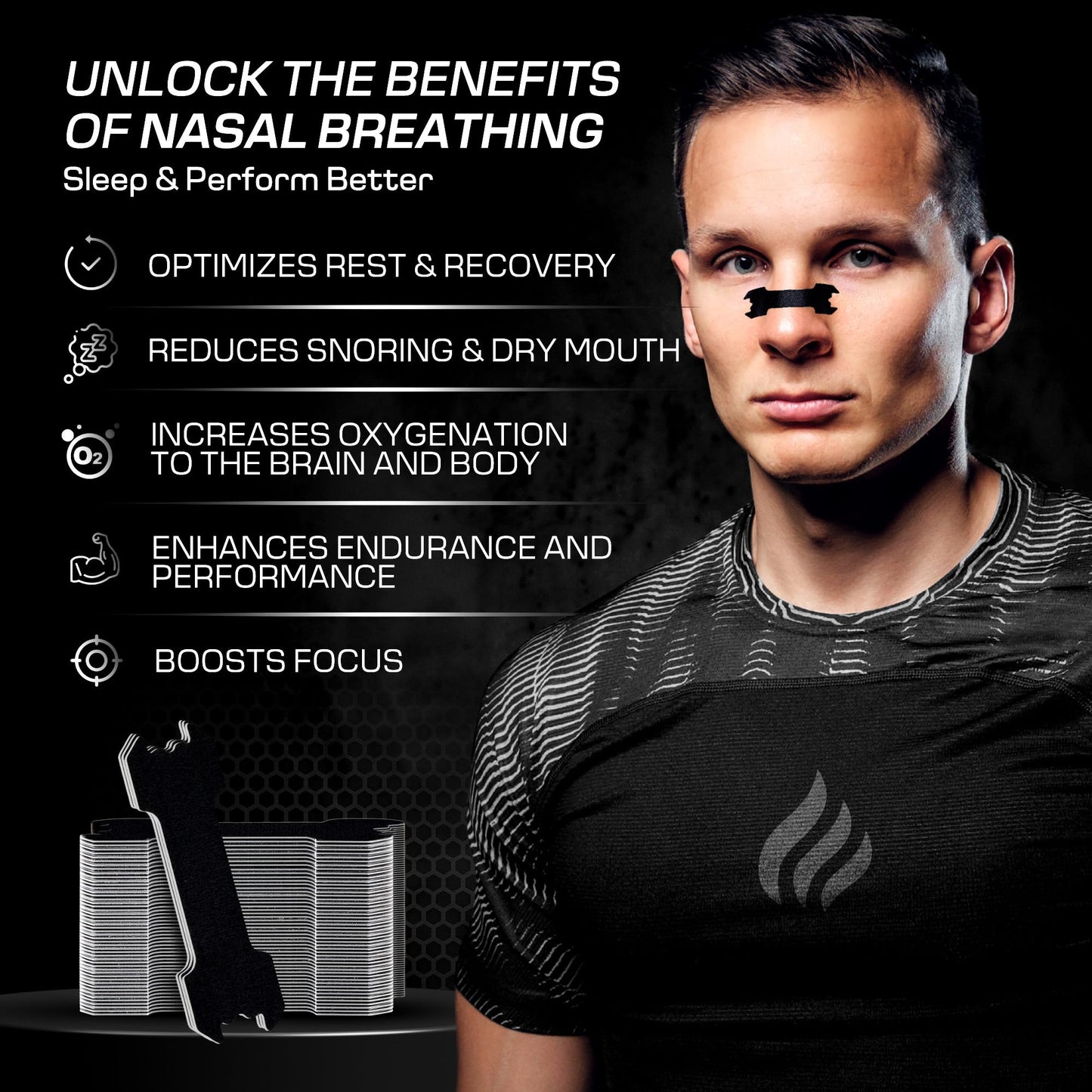 Performance Nose Strips for Breathing (60 Count) - Oil & Sweat Proof Adhesive - Athletic Nasal Strips for Snoring & Sleeping - Improves Oxygen Delivery, Drive, Sleep & Reduces Snoring (Slim Black)