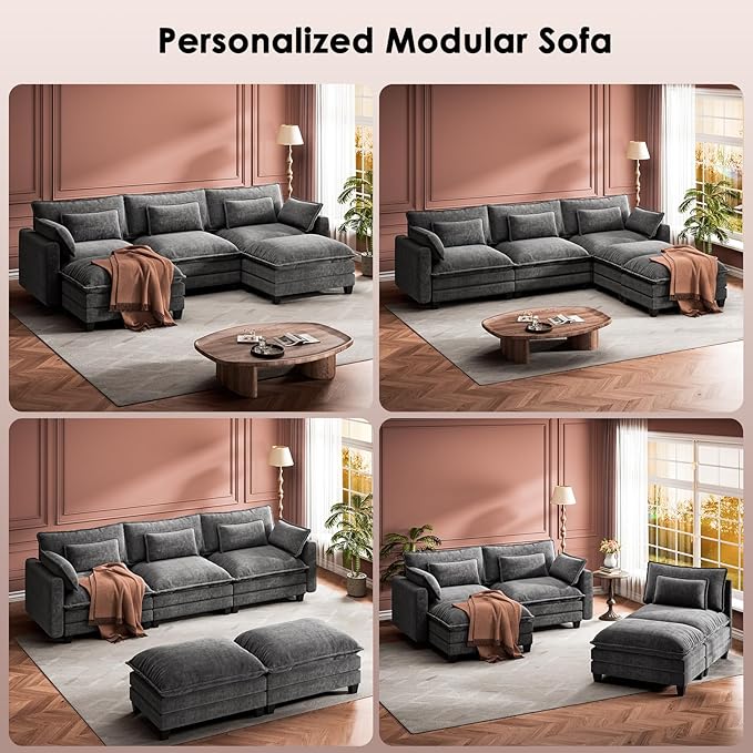 Marsail Modular Sectional Sofa 110.6" U-Shaped Modern Comfy Cloud Couch, 5-Seat Chenille Deep Seat Sofa with Throw Pillow & Movable Ottoman for Living Room, Bedroom and Apartment, Charcoal Gray