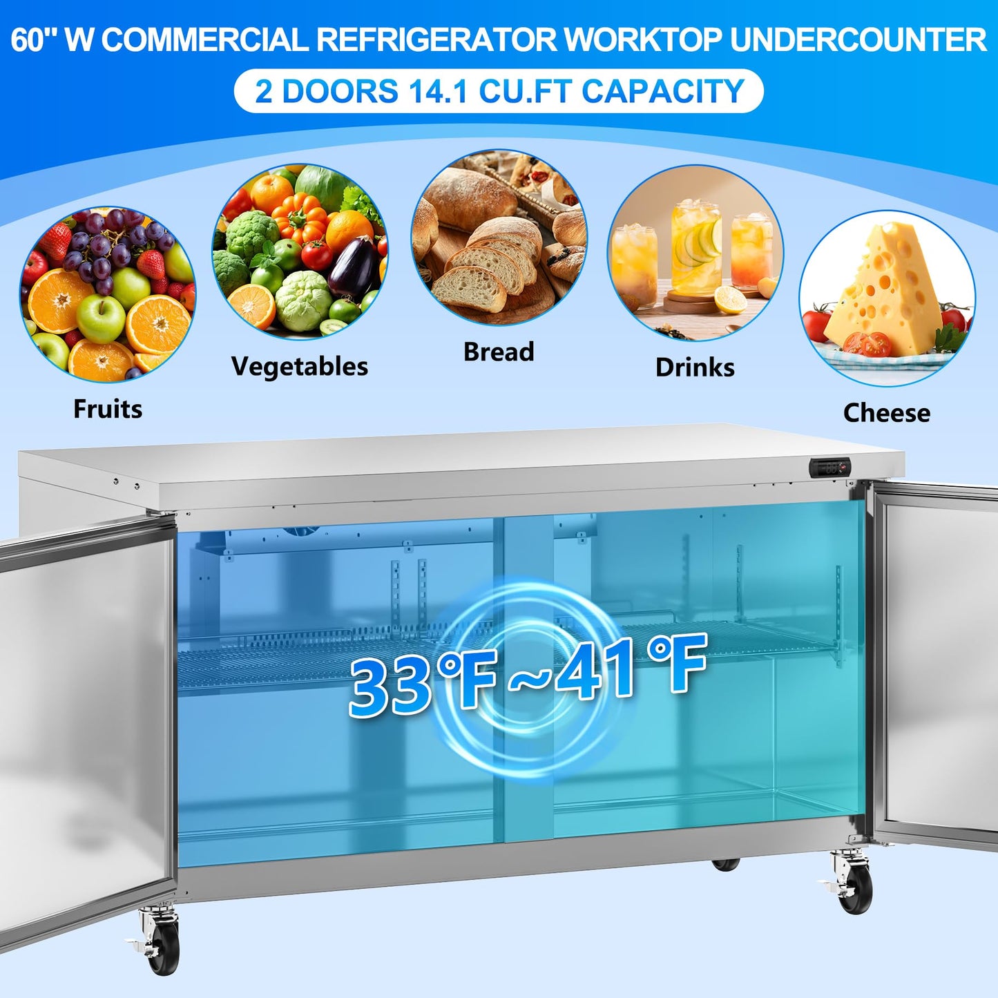 Rockitch 60" W Commercial Undercounter Refrigerator, 14.1 Cu.ft Stainless Steel Worktop Under Counter Fridge, Commercial Refrigerated Food Prep Table with 3 Door for Restaurant, Bar, Shop, etc.