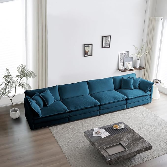 mikibama Luxury Modular Sectional Sofa, 146.5" Modern Chenille Comfy Cloud Couches for Living Room Office, 4 Seater Deep Sofa with 2 Armrest Pillows and 4 Toss Pillows, Blue