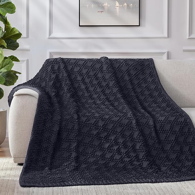 Knitted Weighted Blanket for Adult, Chunky Knit Weighted Throw for Sleep 40"*60" 7lbs, Cooling Breathable Heavy Blanket for Hot Sleepers, Machine Washable Blanket for Room Decor(Dark Grey)