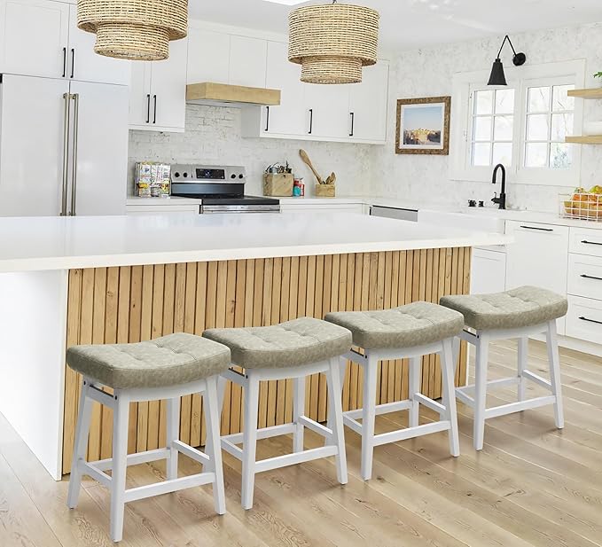 RNKSFX Counter Height Bar Stools Set of 6 for Kitchen Counter Farmhouse Modern Barstools with Faux Leather Upholstered Backless Seat and Solid Wood Legs 24 inch Bar Chairs, Light Grey + White