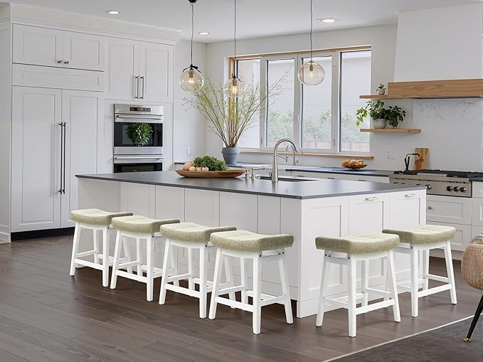 RNKSFX Counter Height Bar Stools Set of 3 for Kitchen Counter Farmhouse Modern Barstools with Faux Leather Upholstered Backless Seat and Solid Wood Legs 24 inch Bar Chairs, Light Grey + White
