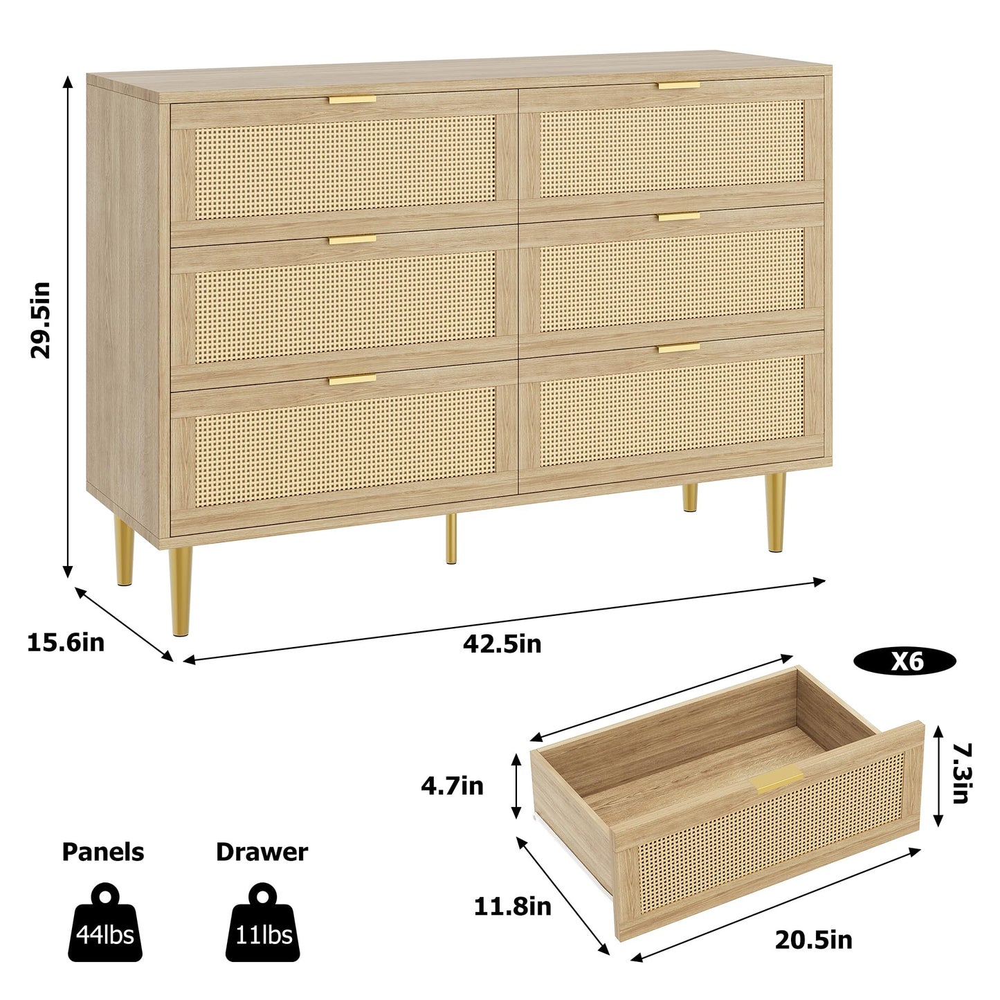 IDEALHOUSE Natural Rattan 6 Drawer Dresser for Bedroom, Modern Chest of Drawers with Gold Legs and Gold Handles, Wide Double Dresser with Large Tabletop and Anti-Tipping Design for Bedroom Living Room