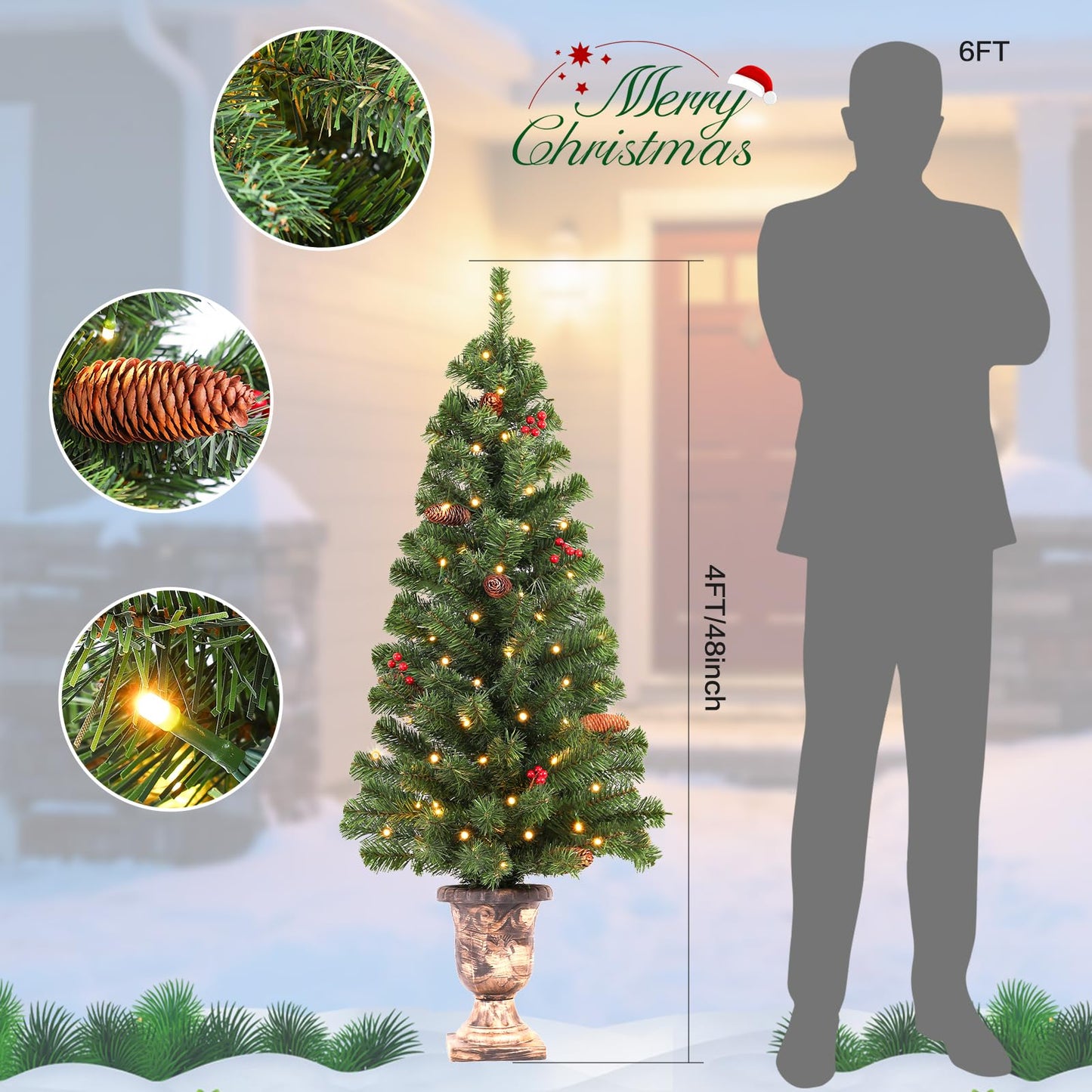 Santanelo 4FT Pre-lit Artificial Potted Christmas Tree with 50 LED Lights,Small Fake Spruce Tree,Xma Pine Cones Tree Decorated with 140 Branch Tips, Pine Cones&Red Berries, Plug in