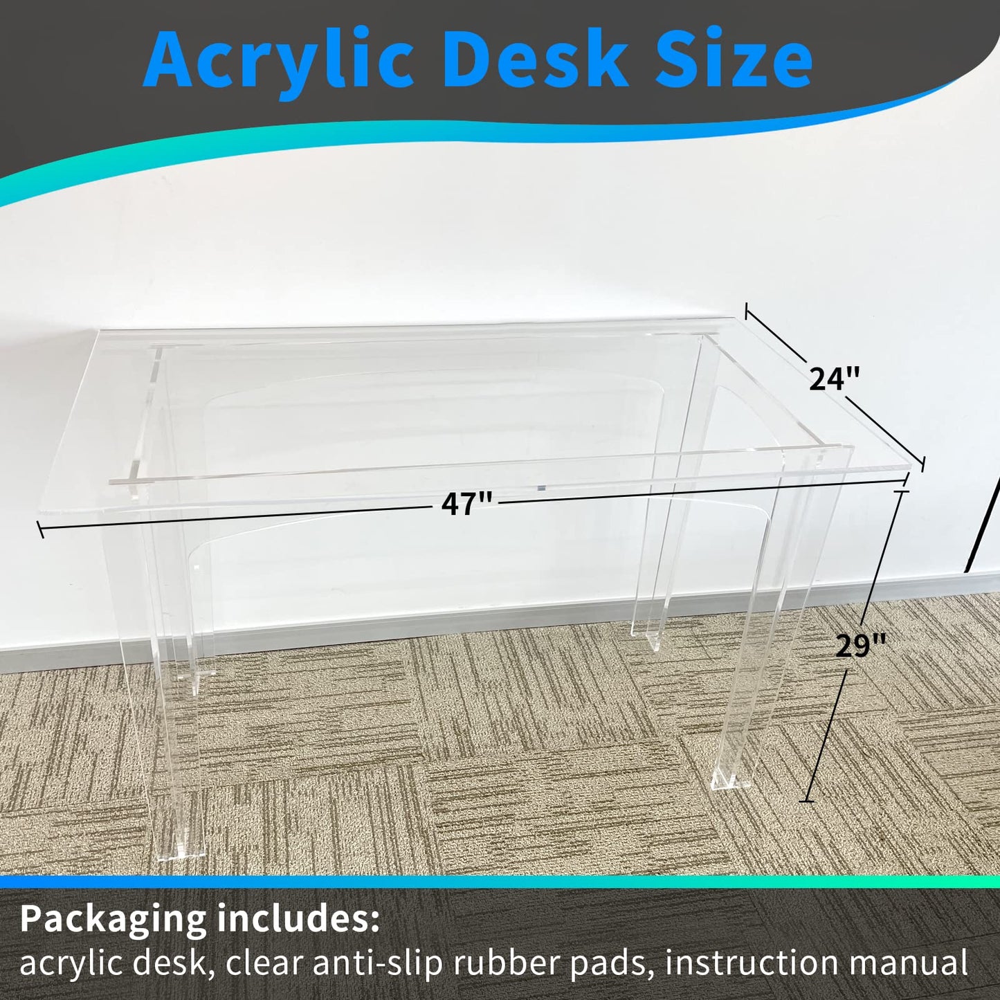 Nalwort Acrylic Desk 47" L x24 W x 29" H, Modern Simple Study Writing Desk, Rectangular Shaped Laptop Computer Desk, Home Office Desks, Clear Desk for Party Event, Bedroom