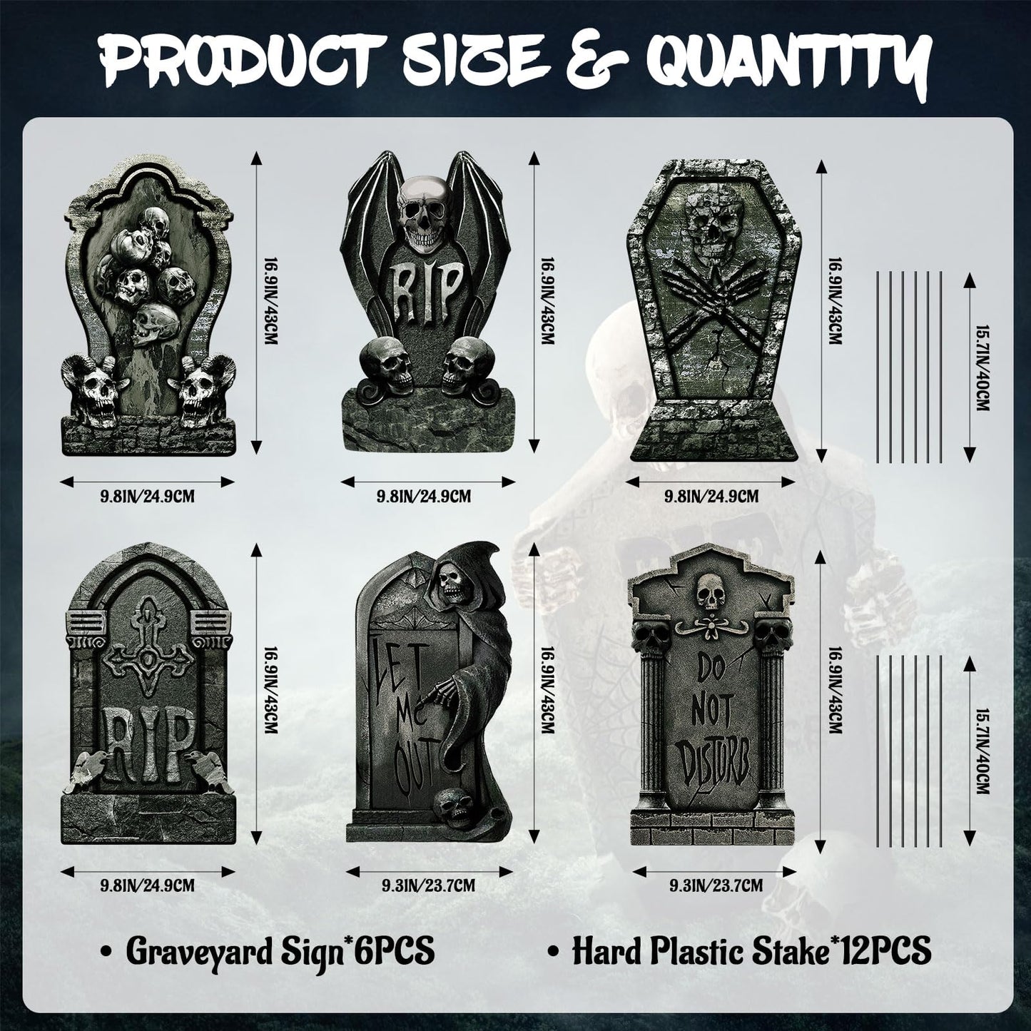 DECEED 6 PCS 16.9" x9.8" Halloween Yard Signs Graveyard Tombstones Halloween Outdoor Decorations, Gravestones Yard Signs with Stakes Scary Lawn Decor Party Supplies