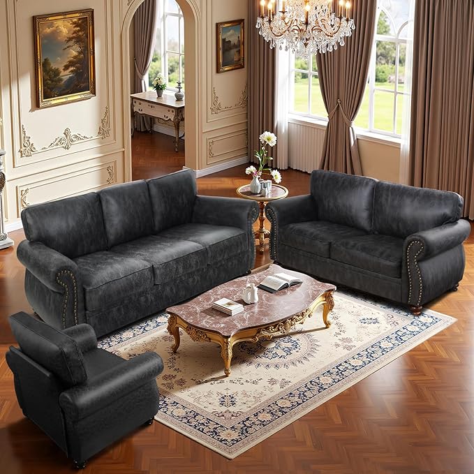 Couchus Living Room Furniture Sets,Sofa Sets and Couch Sets for Living Room,Mid-Century Vintage Sofa Couches with Rivet Design (Grey, Single+Loveseat+3 Seater)