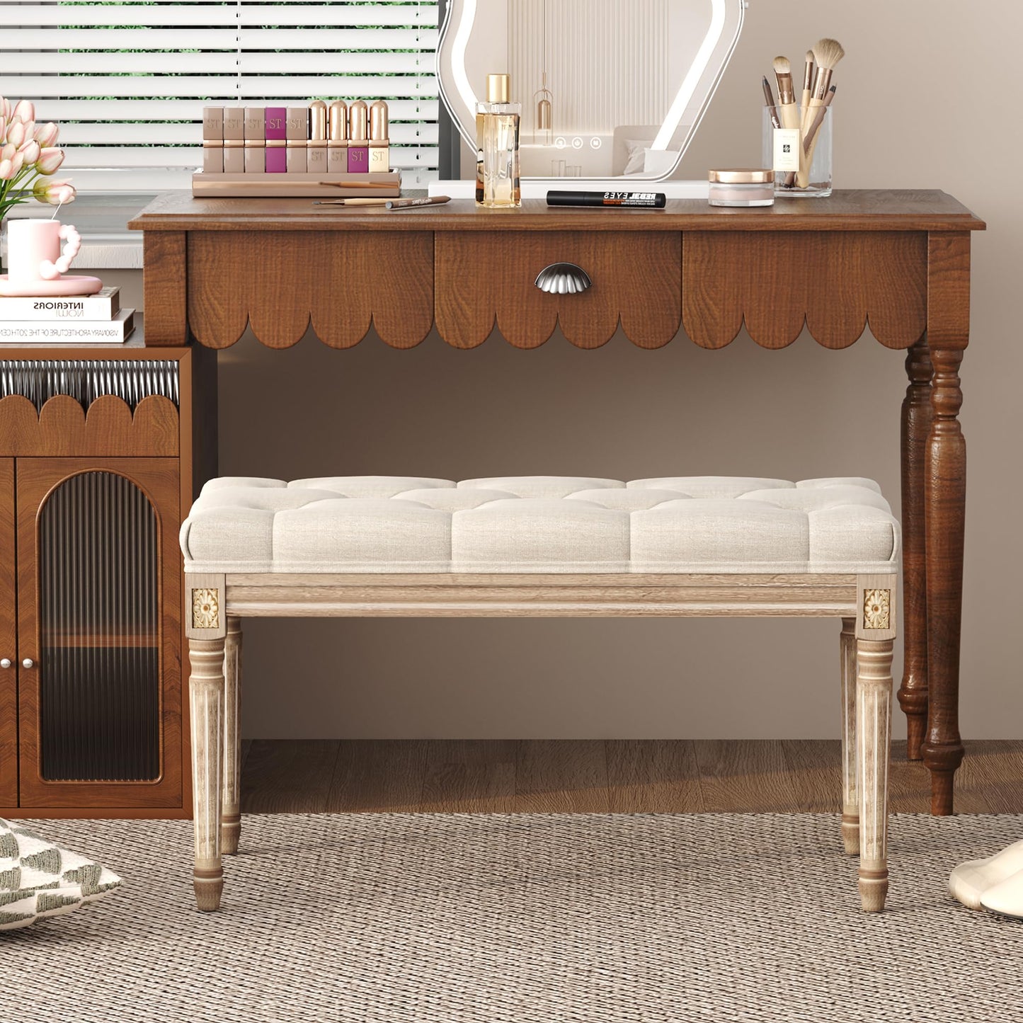 Yusong Upholstered Bench,Bedroom Bench for End of Bed,Piano Bench Dining Bench Entryway Shoe Bench with Button Tufted Padded Seat for Living Room, Vanity Bench Foot-Stool with Carved Wood Legs,Beige