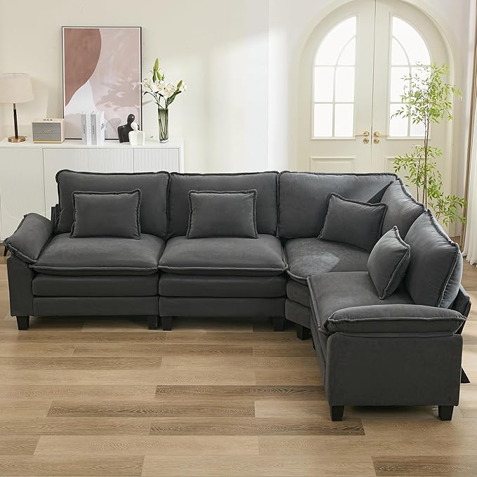 URRED Cloud Couch Modular Sectional Sofa, 116" Modern L Shaped Deep Seat Sofa with Pillows, Ultra Comfy Velvet Corner Couches for Living Room, Bedroom or Apartment, Dark Gray