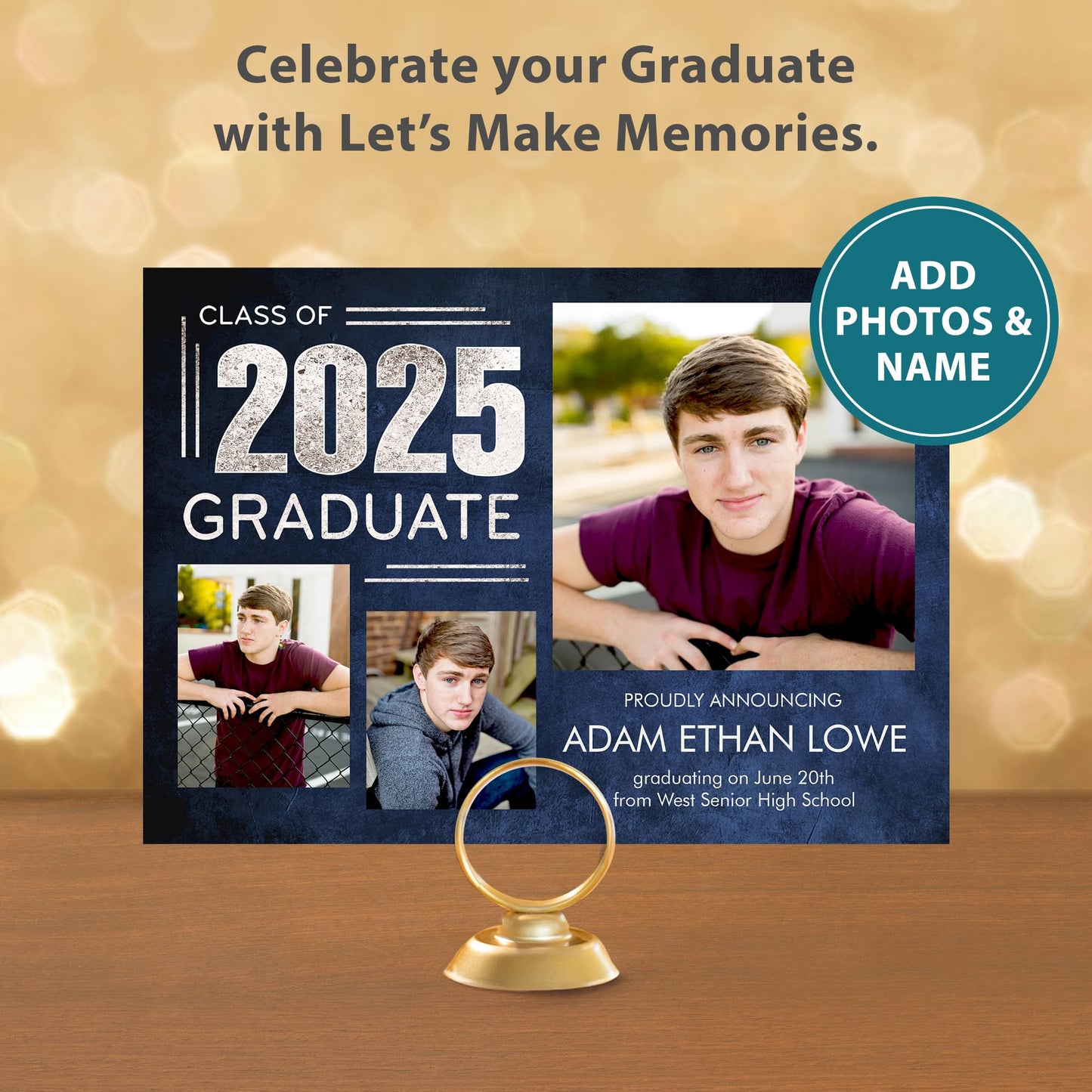 Let's Make Memories Personalized Graduation Announcements Class of 2025-15 Premium Quality Invitations - 5x7 - Custom Photo Cards & White Envelopes - Silver + Indigo - 15 ct