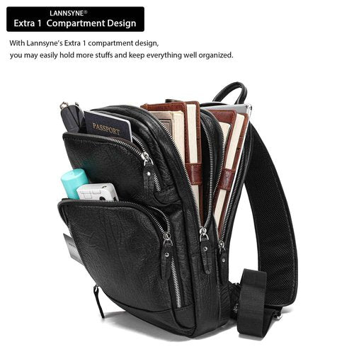 LANNSYNE Full Grain Leather Sling Bag For Men, Crossbody Bag fits 12.9" iPad Crossbody Chest Daypack