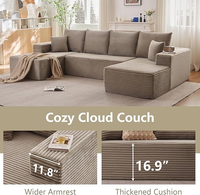 Sectional Cloud Couch for Living Room, Modular Floor Deep-Seat Sofa, Big Comfy Corduroy Couches Set with Fluffy Memory Foam, Stupendous U Shaped Sofas, No Assembly Required, Camel