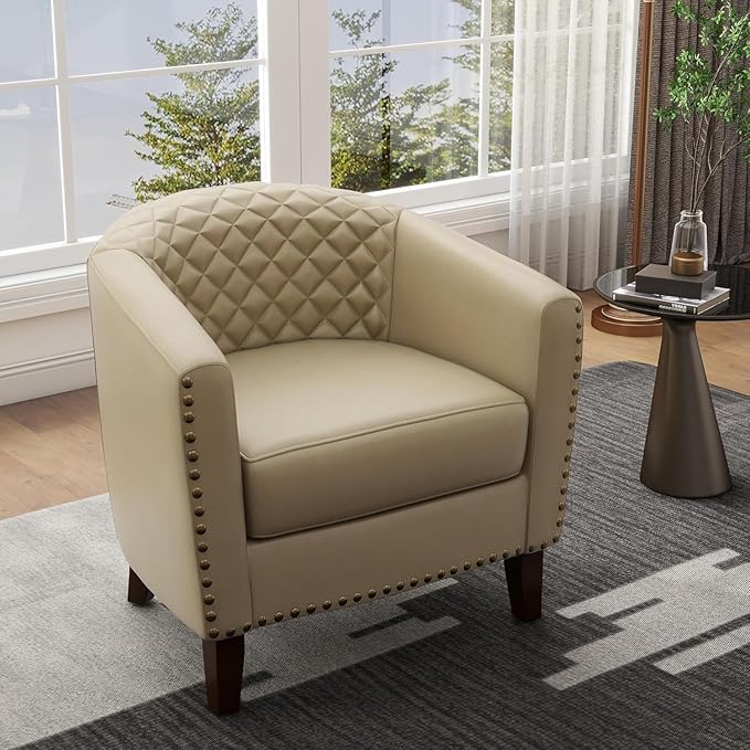 UIXE Faux Leather Barrel Accent Chairs Set of 2, Round Club Chair Modern Upholstered Armchair for Living Room, Comfy Nailed Trim Arm Chair Bedroom Reading Seat - Beige