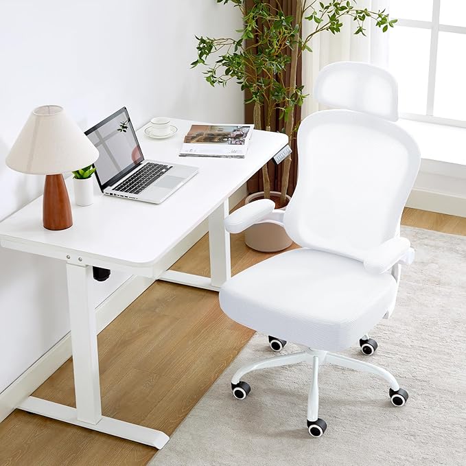 TUKAKA Ergonomic Office Chair,Ultra Thick Office Desk Chair with Adjustable Lumbar Support and Headrest,Spring Cushion,Rocking Function,Flip-up arms,Mesh Computer Chair for Home Office,White
