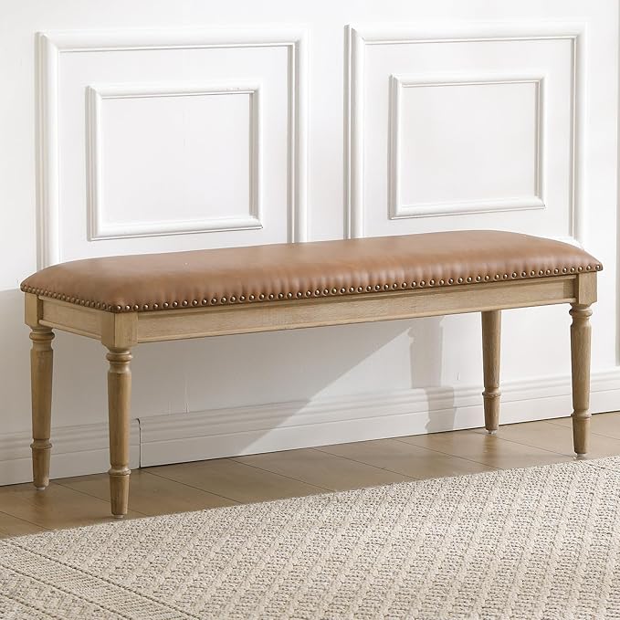 chairus Farmhouse Dining Bench 46" Wooden Entryway Bench with Padded Seat and Nailhead Trim for Kitchen Bedroom,Indoor and Hallway, Brown Leather