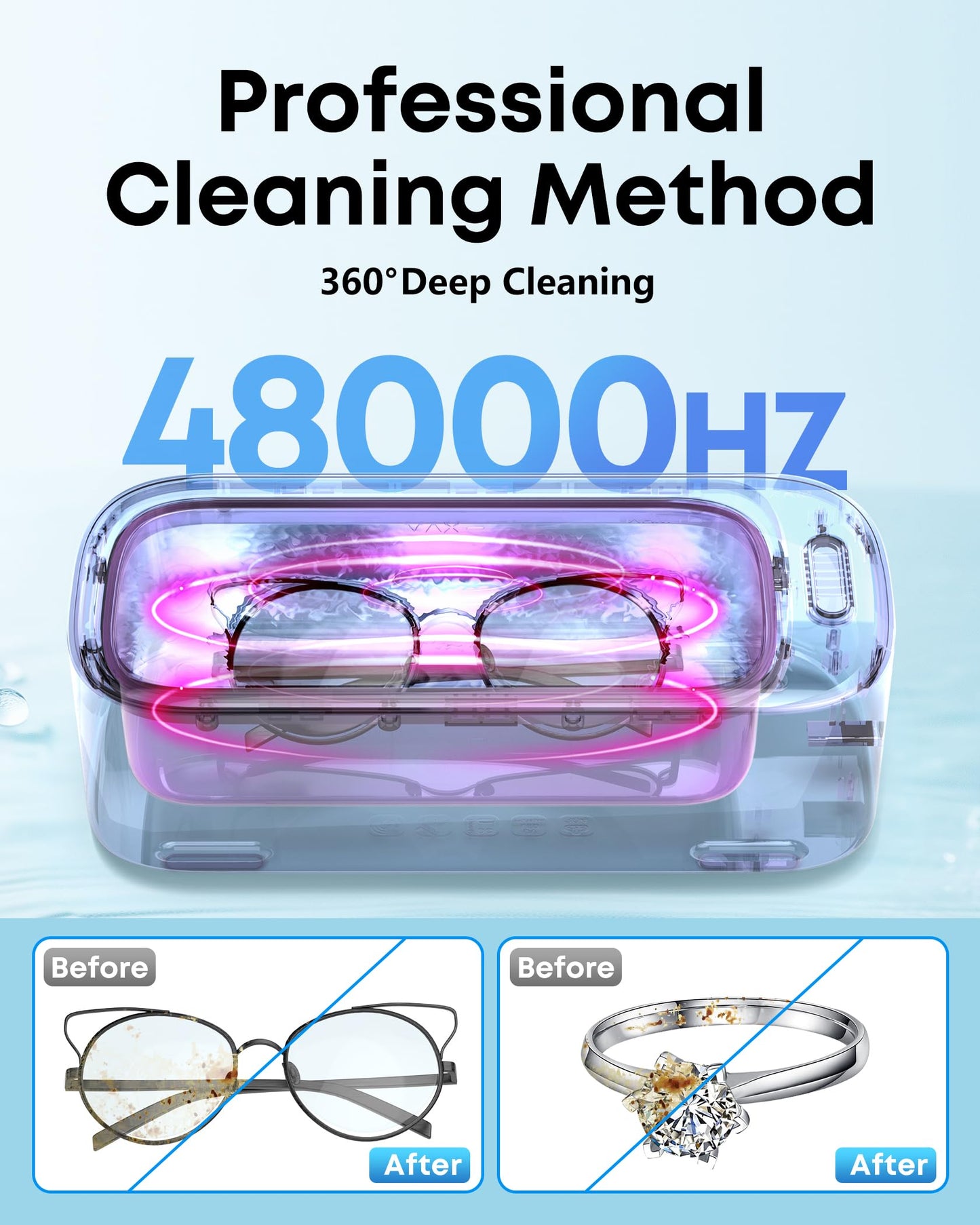 Professional Ultrasonic Jewelry Cleaner - 550ml(19oz) Ring Cleaner with Degas Function, 2 Time Modes, 48Khz Jewelry Cleaner Sonic Machine for Eyeglasses, Dentures, Retainer, Necklaces, Watch(Black)