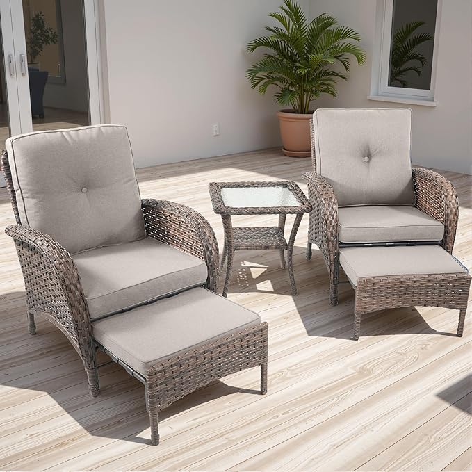 Rilyson Wicker Patio Furniture Set - 5 Piece Balcony Furniture Set with Hidden Ottomans, Rattan Outdoor Patio Chairs with Side Table for Porch Deck Poolside Garden Brown/Beige