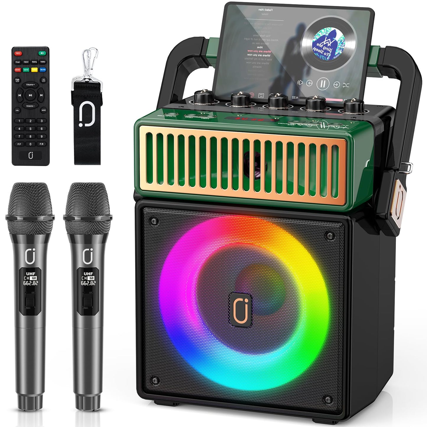 JYX Bluetooth PA Speaker System with 2 Wireless Mics, Retro 60W Karaoke Machine with LED Lights, Supports Recording, USB/TF/AUX/