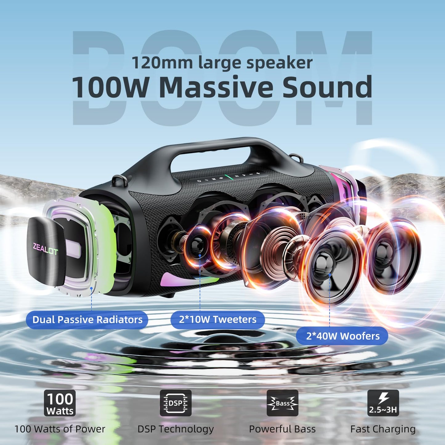 ZEALOT Bluetooth Speaker, 110W Peak(100W) Booming Sound Speakers Wireless, Dual Pairing, XBass, Bluetooth 5.3, 24000mAh Power Bank, Portable Outdoor Waterproof Speaker for Camping, Beach and Party
