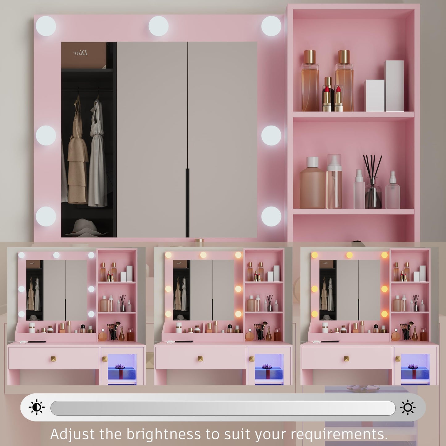 Thacuok Vanity Desk with Mirror and Lights, 33.5'' Makeup Table with Charging Station & RGB Glass Cabinet, Small Vanity with 3 Color Lighting Modes & Adjustable Brightness, Pink