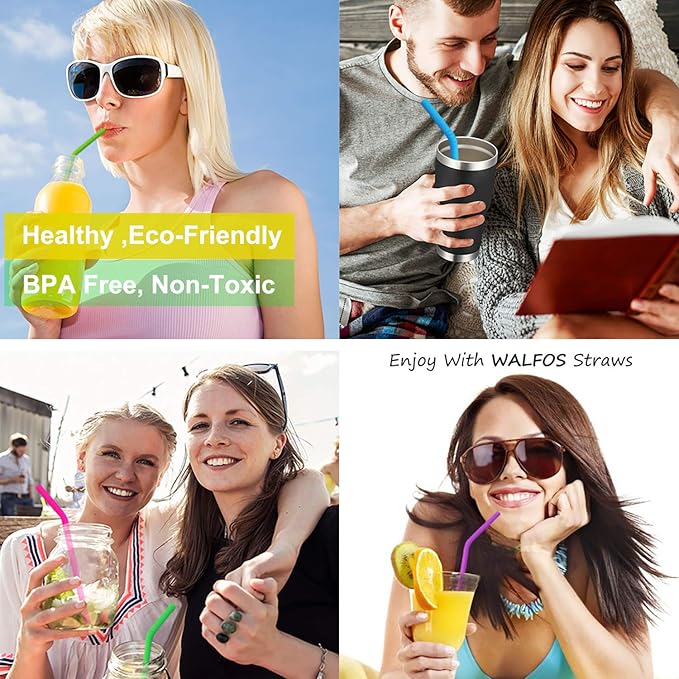 Walfos Reusable Silicone Straw - 2 Size Flexible Drinking Bendy Straws for Smoothies/20 & 30 oz Tumblers, BPA Free (4 Wide Straws + 4 Regular Straw + 2 Cleaning Brushes Excluding storage bag)