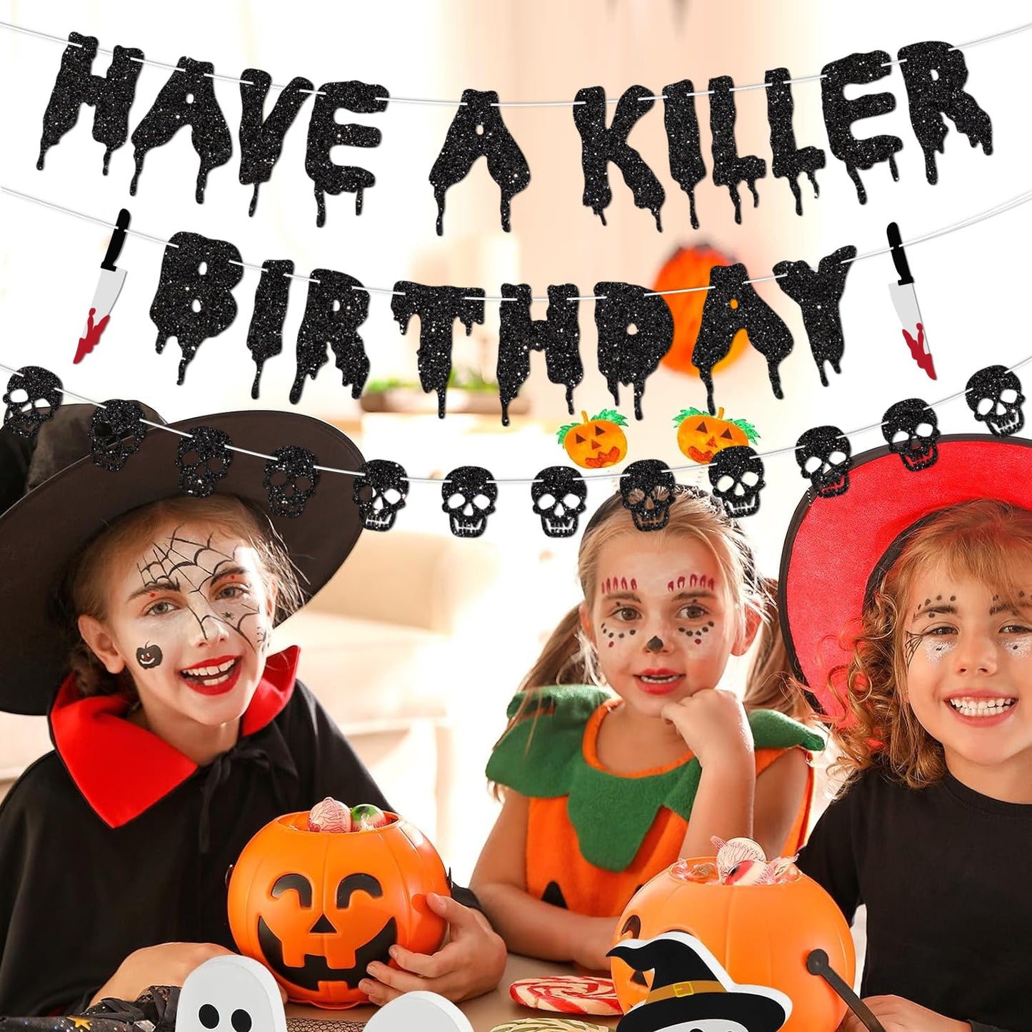 Glitter Have a Killer Birthday Decorations Banner Black Halloween Skull Banner Horror Movie Party for Halloween Haunted House Party Decorations Theme Baby Shower Supplies