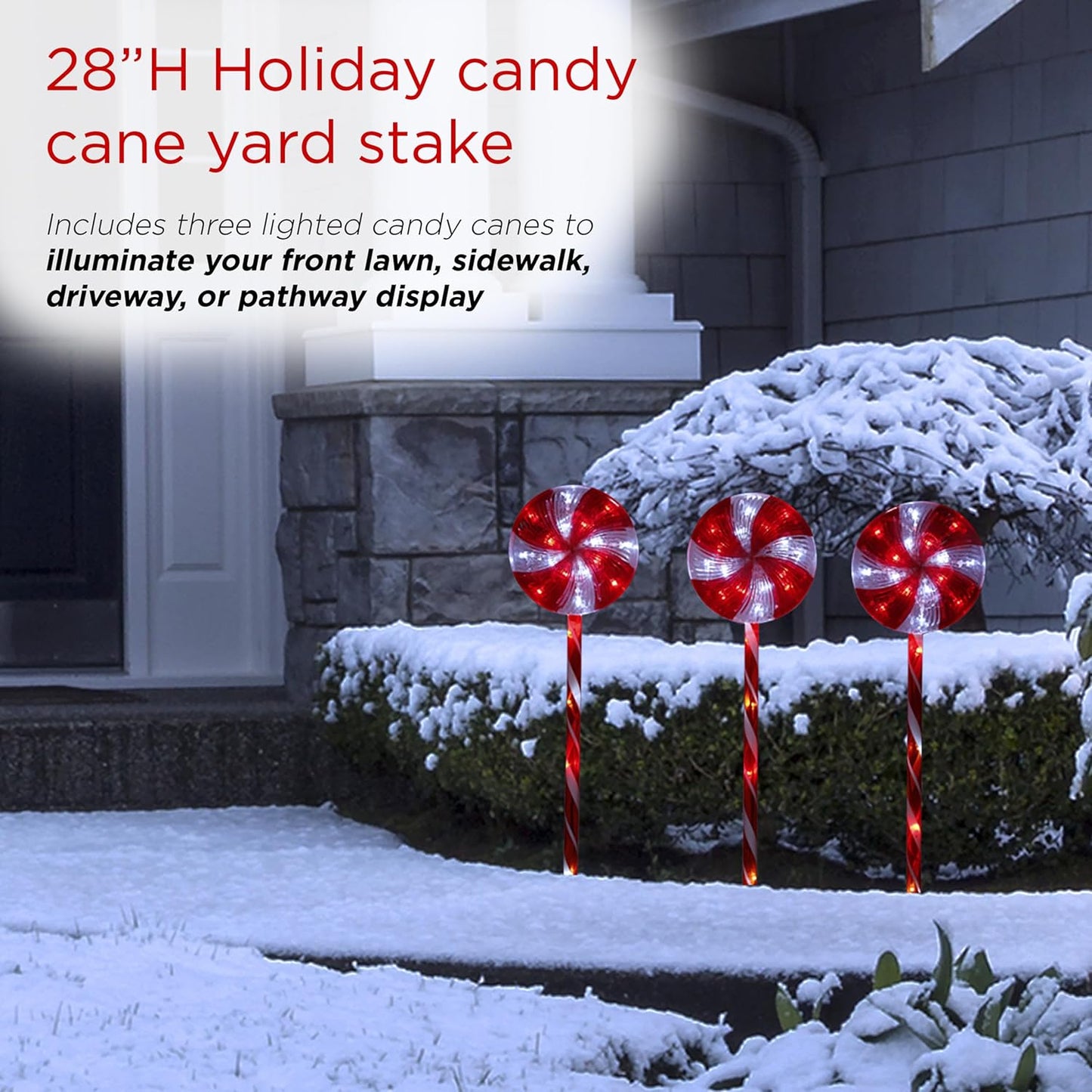 Alpine Corporation | 28" H Outdoor Candy Cane Pathway Christmas Stakes — Set of 3 with Multi-Function Red & White LED Lights — Festive Holiday Yard Decor