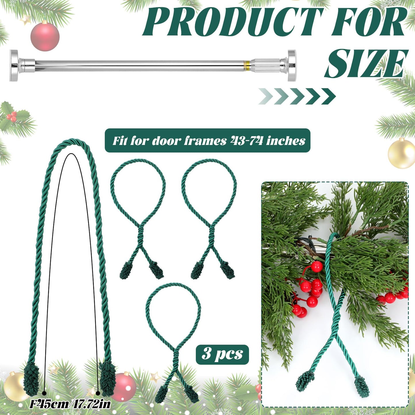 Leinuosen Christmas Front Door Garland Hanger 43-74 Inch Adjustable Christmas Wreath Hanger Stainless Steel Retractable Rod with 3 Green Tie Ropes No Nails Screws No Damage for Xmas DIY Hanging Decor