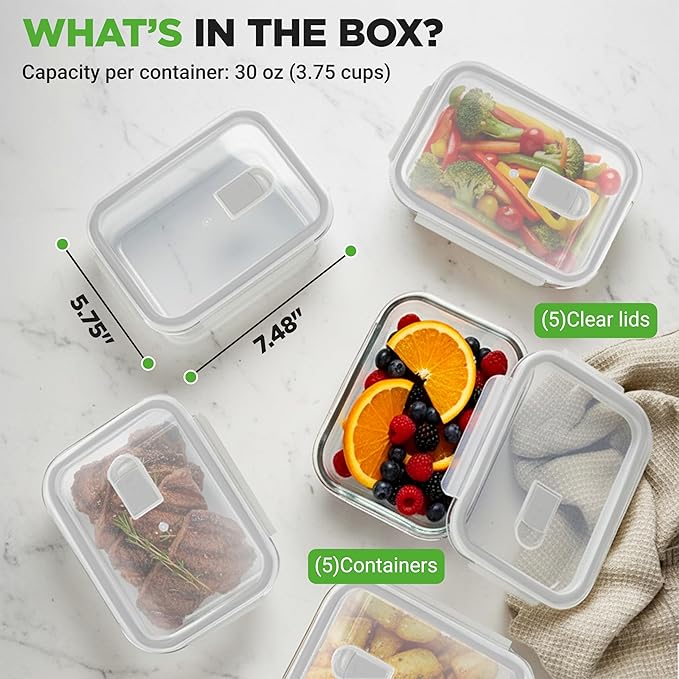 NutriChef 10 Piece Glass Food Storage Containers with Lids – 30 oz Meal Prep Containers Reusable – Airtight Glass Lunch Containers for Food Storage – Freezer to Oven Safe - Gray