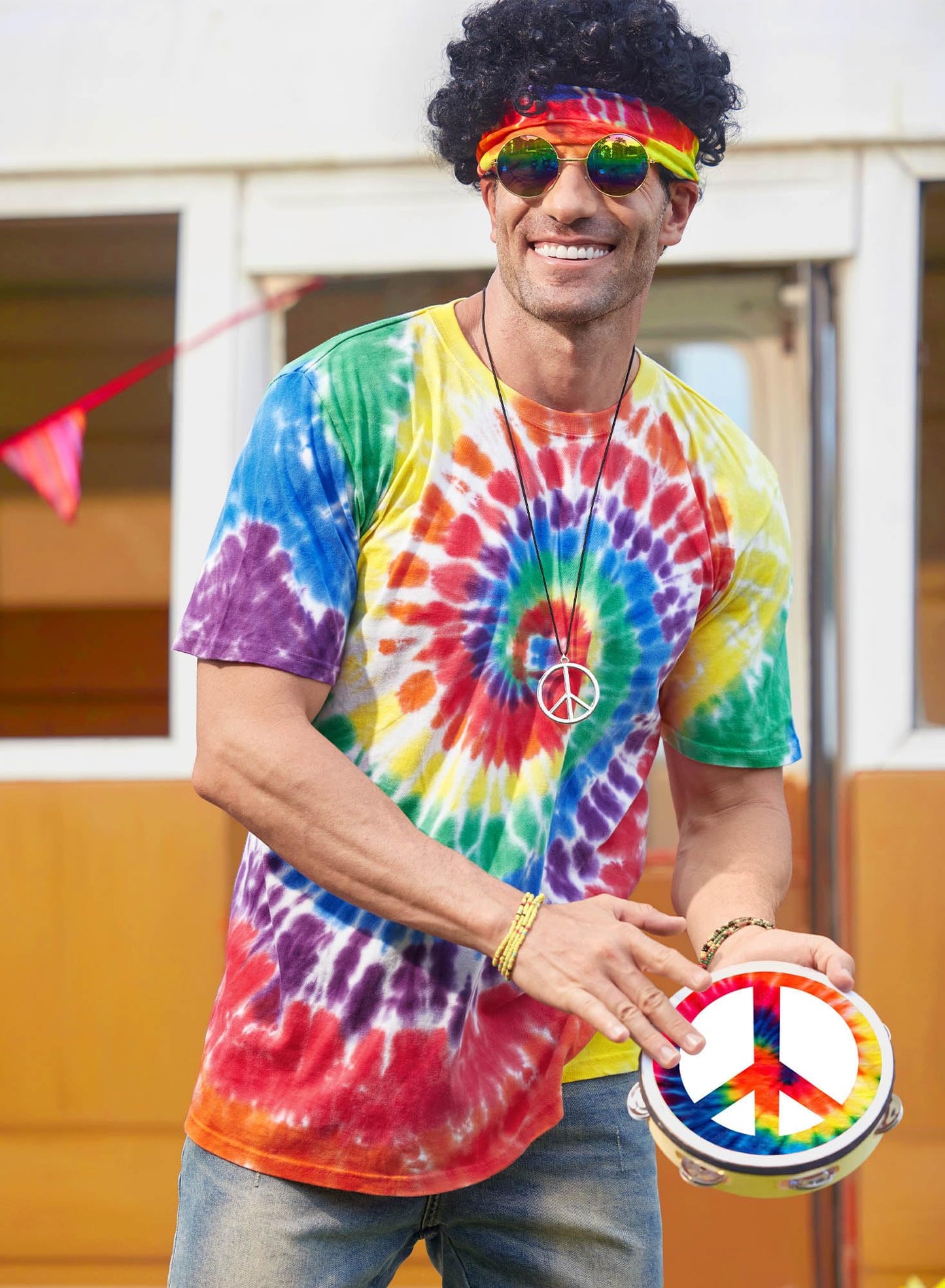Mainfini Hippie Costume for Men Women Comfortable 60s 70s Outfits Carnival Tie Dye Peace Novelty Theme Party Glasses XL