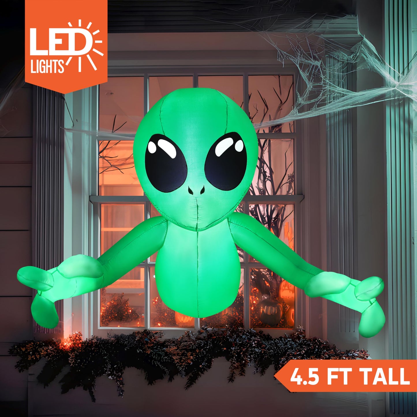 Joiedomi 4.5ft Halloween Inflatable Alien Outdoor Decoration, Blow Up Alien Window Breaker with LEDs, Halloween Window Inflatable Decor for Outdoor Yard Garden Party Lawn Decor