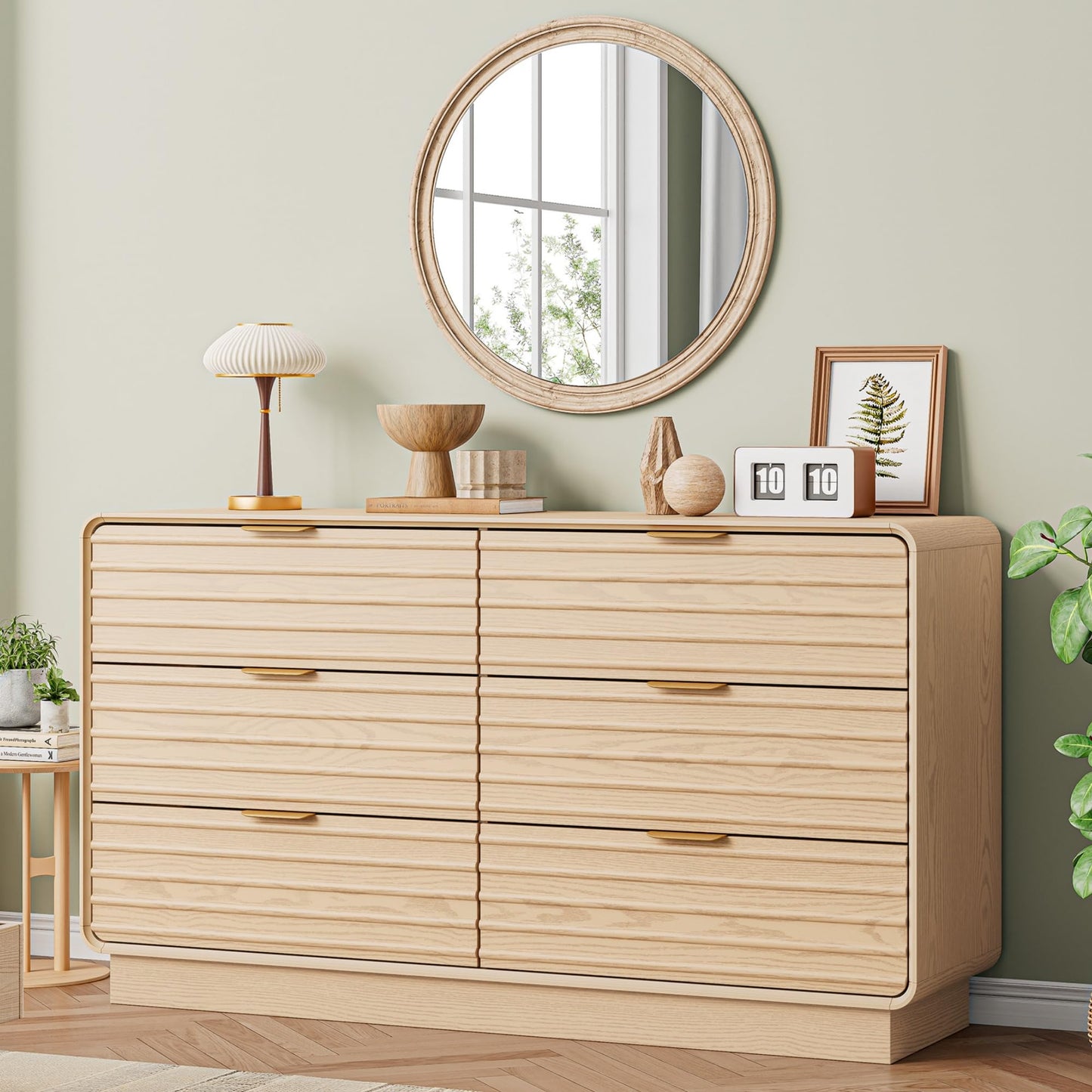 IRONCK 3 Pieces Dresser Bedroom Set, 6 Drawer Dresser and Nightstand Sets of 2 with Charging Station, Fluted Wood Chest of Drawers Wide Storage Cabinet Set, Natural