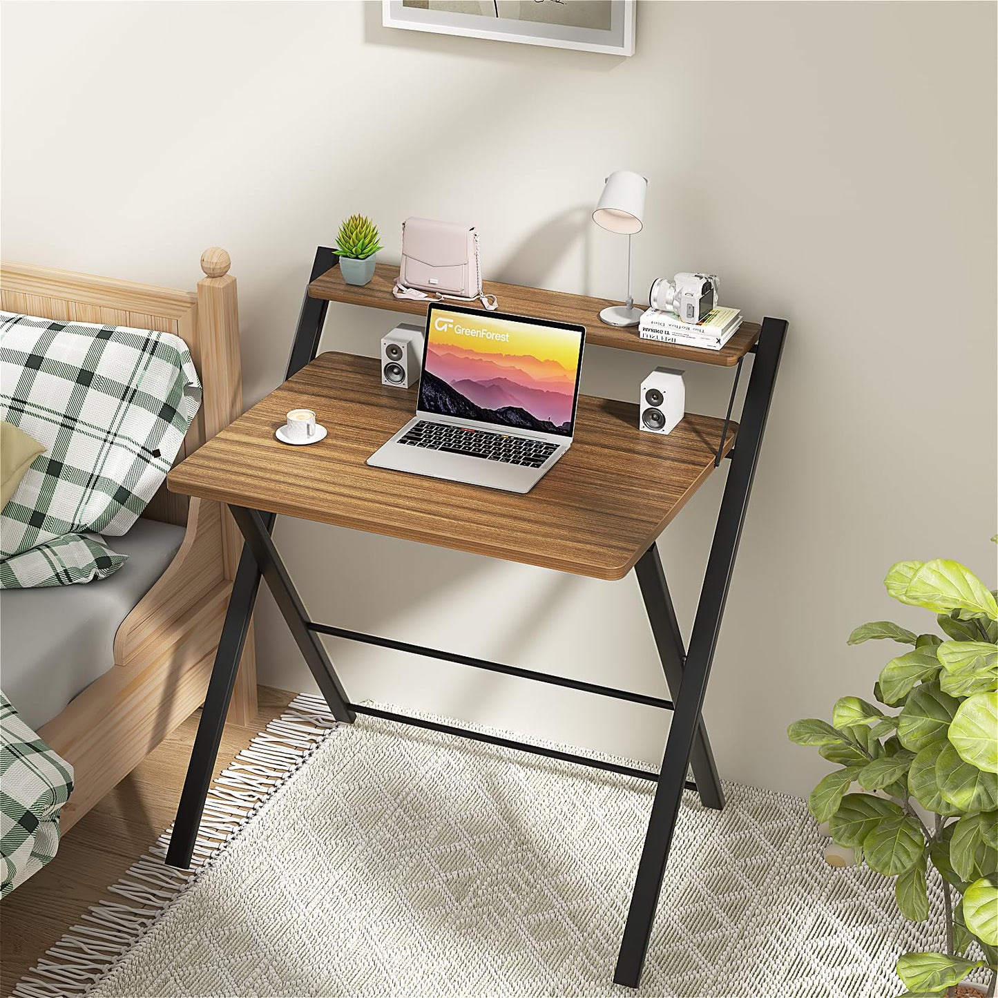 GreenForest No Assembly Folding Desk, 2-Tier Compact Computer Desk with Shelf, Space Saving Foldable Table for Home Office, Dorm or Apartment, Portable Collapsible Sturdy Laptop Desk, Espresso