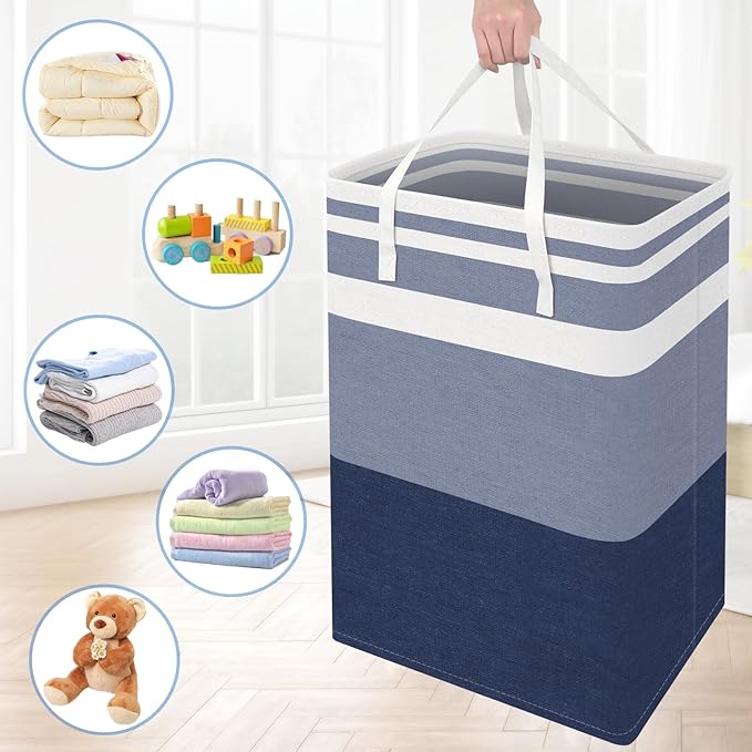 BlissTotes 3-Pack Laundry Basket, Freestanding&Waterproof Laundry Hamper, Collapsible Tall Clothes Hamper with Easy Carry Handles for Clothes, Towels in the Family and Dorm,Gradient Blue,75L