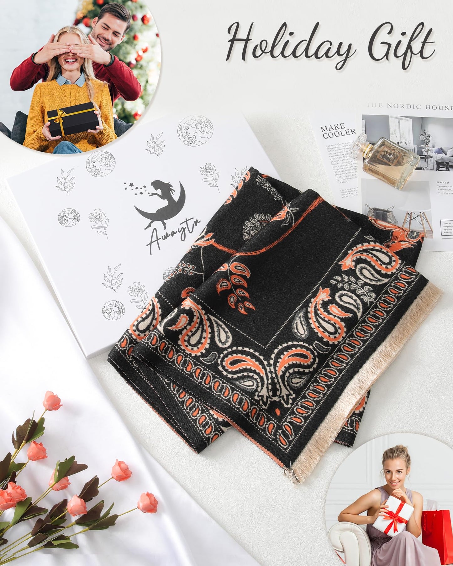 AWAYTR Pashmina Shawls Wraps for Women - Cashew Flower Winter Warm Big Scarf for Women Shawls and Wraps for Evening Dresses (Black)