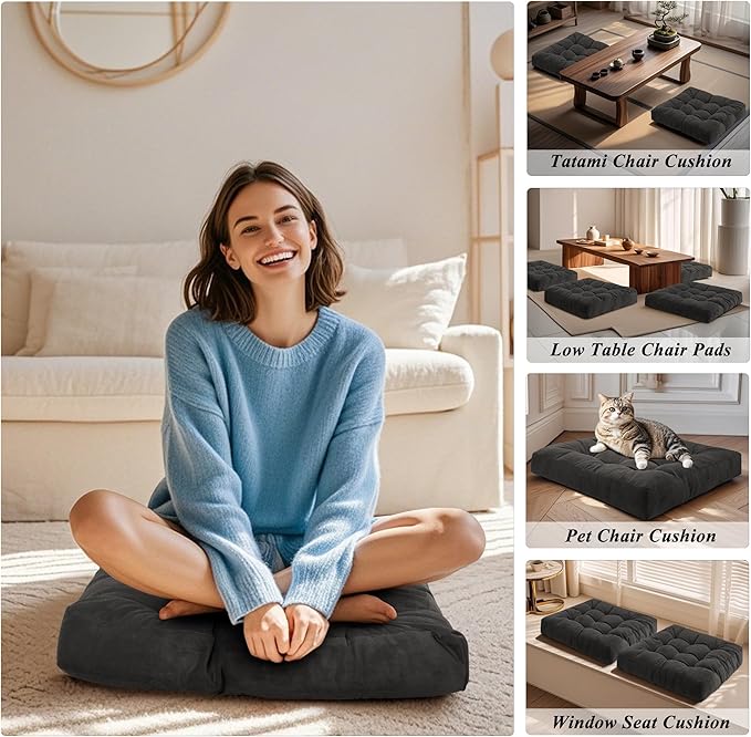 FlyGulls Meditation Floor Pillow 22×22 Inch 2 Pack Large Floor Cushions for Adults Square Tufted Corduroy Floor Pillows for Yoga Living Tatami Room Dark Grey