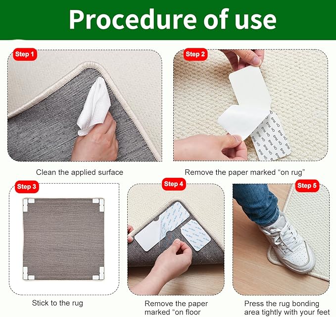 Rug Tape,12Pcs Non Slip Grippers for Rug,Double Sided Reusable Rug Stopper Keep Area Rugs Corners from Curling and Bunching,Washable Rug Pad Grippers for Hardwood Floors, Tile Floors (White)