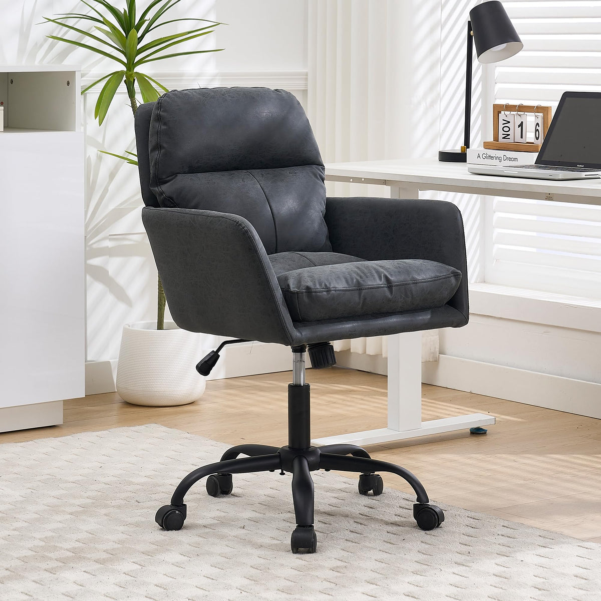 YITAI Adjustable Home Office Desk Chair with Comfy Square Mid-Back, Faux Leather 360 Swivel Upholstered Task Armchair with Wheels for Vanity Bedroom/Living Room,Study Black