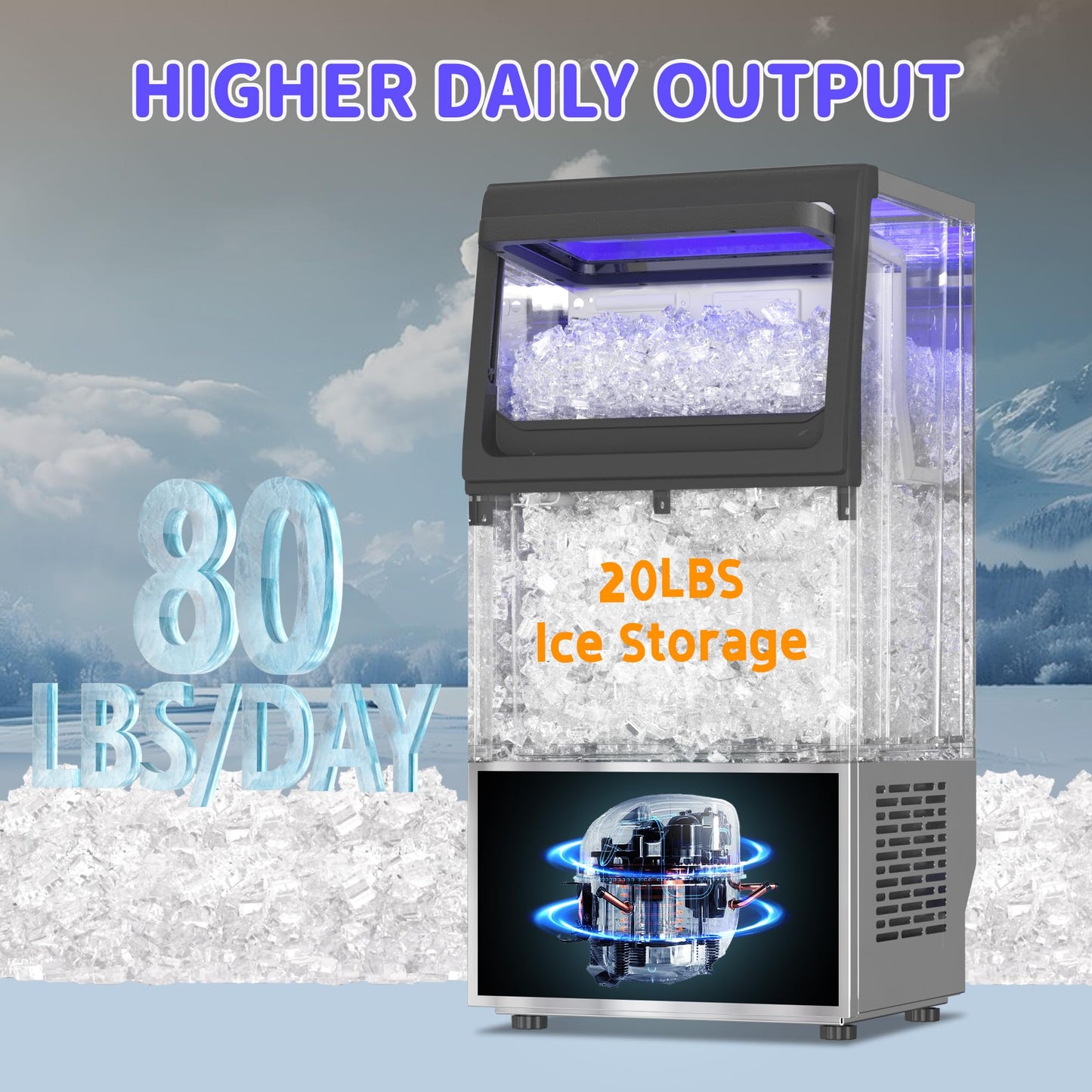 Commercial Nugget Ice Maker 80Lbs/24H with 20Lbs Storage, Stainless Steel Pellet Ice Machine, Ready in 10-15 Mins, Self-Cleaning for Office & Home Restaurants Bars