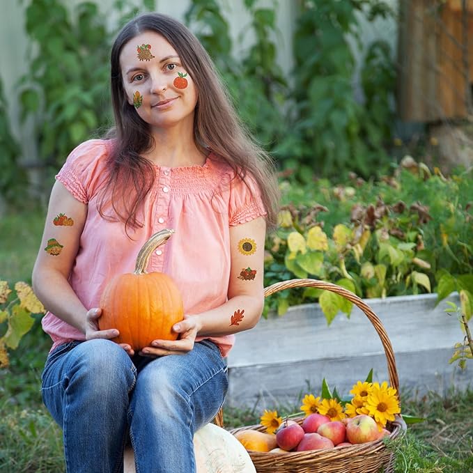 Landhoow 240 Pcs Thanksgiving Tattoos Temporary Autumn Glitter Face Tattoos Cool Body Sticker Costume Accessory Tattoo Party Favor