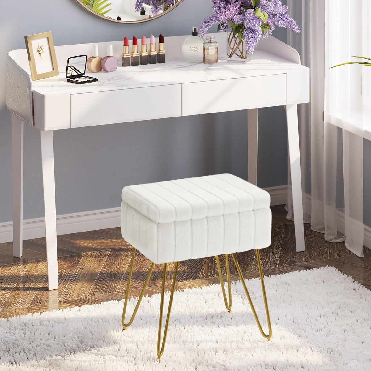 Greenstell Vanity Stool Chair Faux Fur with Storage, 15.7"L x 11.8"W x 19.4"H Soft Ottoman 4 Metal Legs with Anti-Slip Feet, Furry Padded Seat, Modern Multifunctional Chairs for Makeup, Bedroom White