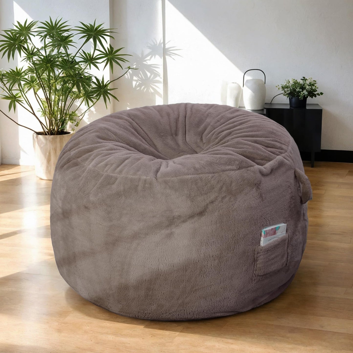 LFCREATOR Giant Bean Bag Chair for Adults, Faux Fur Bean Bag Chair Bed with Mattress Bed Use, Convertible Bean Bag Sofa Bed with Filler Included for Living Room,Bedroom, Brown.Large-Sized