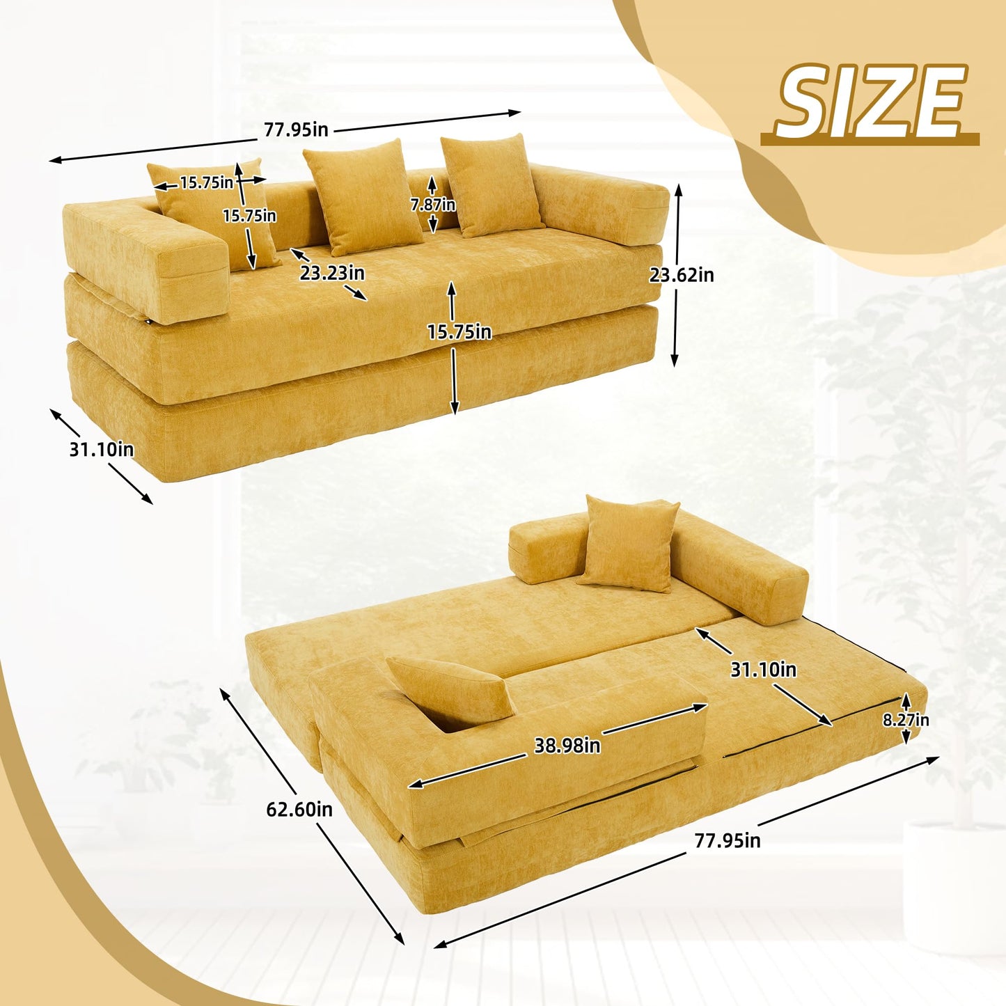 ZEIINPA Convertible Floor Sofa Bed with Storage Pocket, Chenille Folding Mattress Sofa with Zipper Closure, Floor Lounge Couch for Living Room, Bedroom, Studio -Yellow