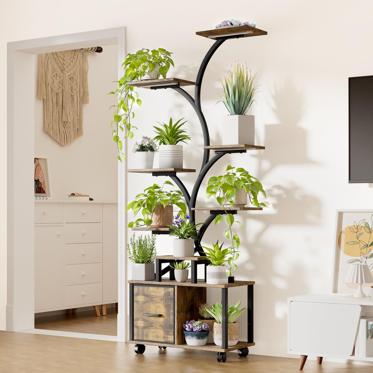 Plant Stand Indoor with Grow Light, 9 Tiered Plant Shelf with Wheels, 65" Tall Plant Stand for Indoor Plants Multiple with Drawer, Flower Holder for Living Room Patio, Balcony (Black+Brown, 1 Pack)