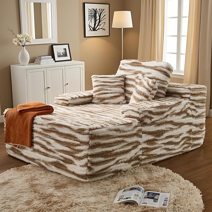 ovios 67'' Chaise Lounge Chair Indoor, Oversized Upholstered Sofa Bed, Sleeper Couch Reading Chairs Fluffy Plush Faux Fur Cloud Sofas Couches for Living Room, Brown Zebra Print