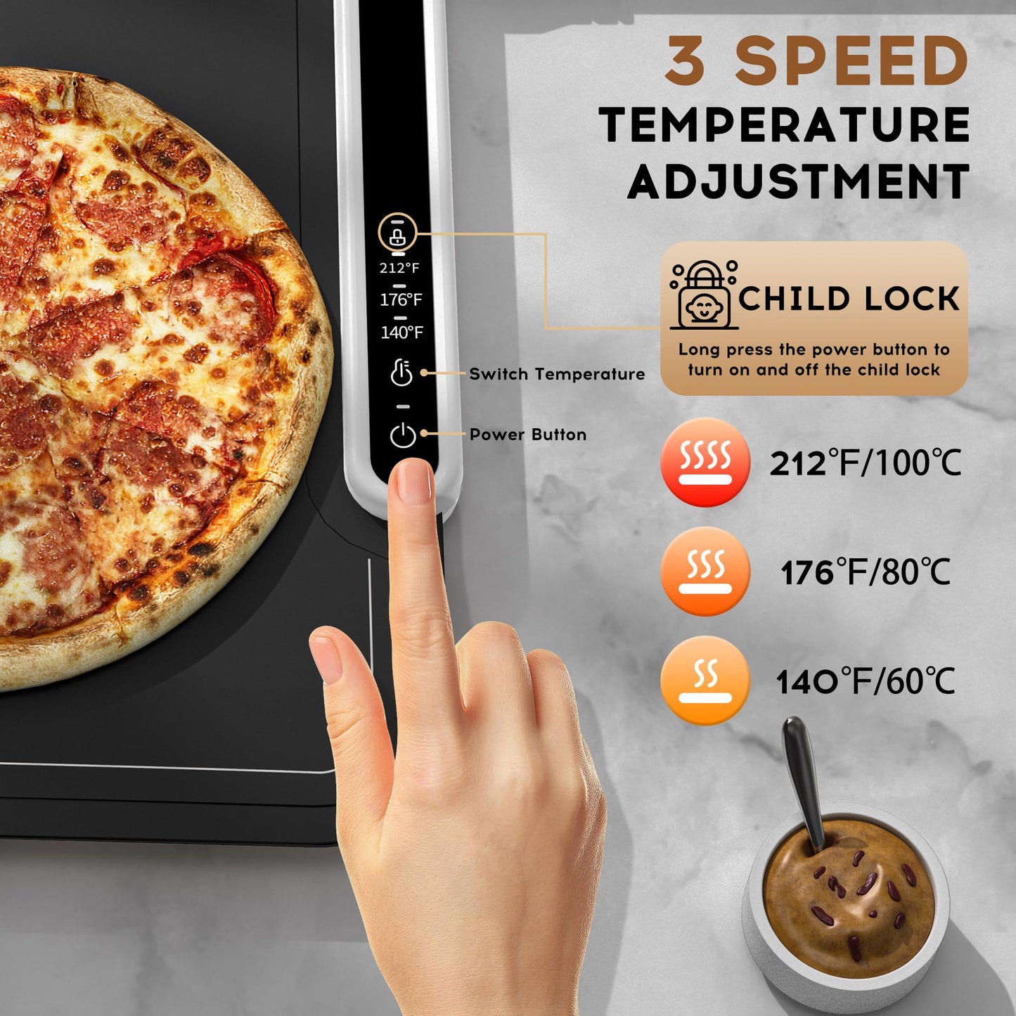 VTAR Rollable Electric Food Warming Mat | 3-Temp Buffet Tray Warmer for Parties | Even Heating, Portable Silicone Design, Auto Shut Off & Child Lock- Black